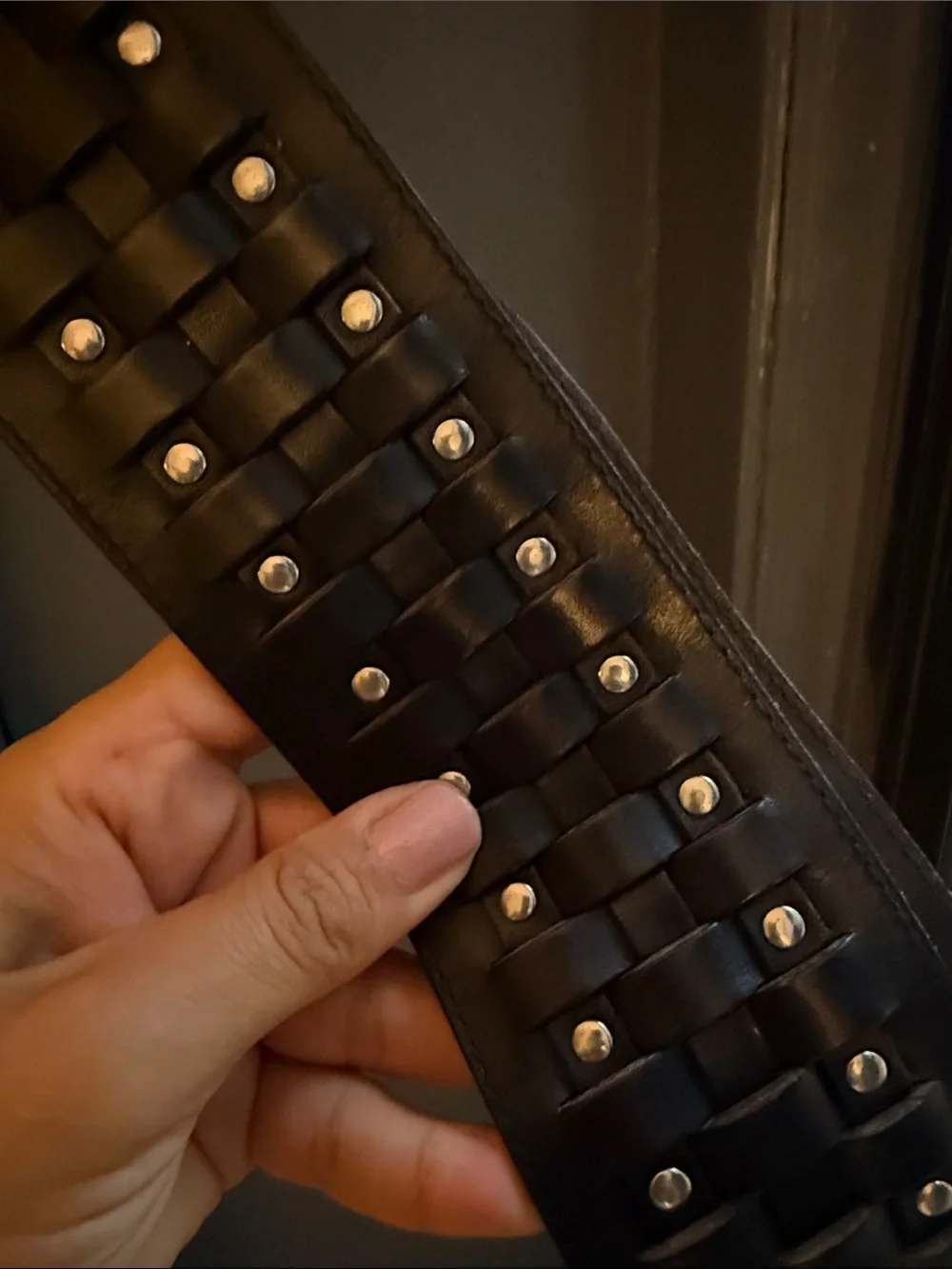 Black Woven Leather Belt with Silver Buckle